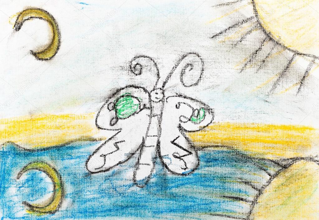 children drawing - butterfly between sun and moon