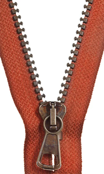 Brass orange zip fastener close up — Stock Photo, Image