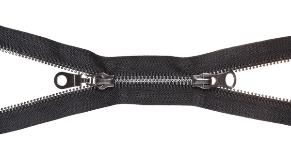 Zwei Schieberegler auf schwarzem metallischen Reißverschluss — Stockfoto