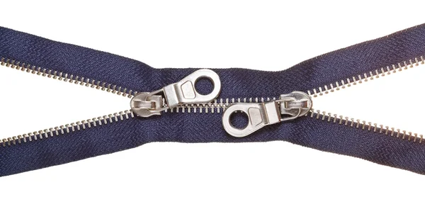 Två reglagen på metalliskt blå zip fästelement — Stockfoto