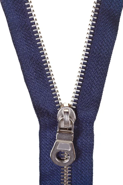 Metallic blue zip fastener close up — Stock Photo, Image
