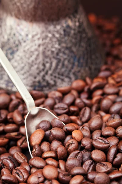 Spoon scoops roasted coffee beans — Stock Photo, Image