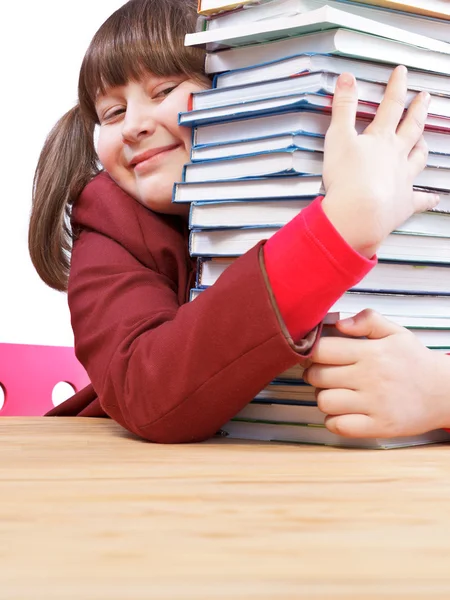 Schoolmeisje, huiswerk en stapel boeken — Stockfoto