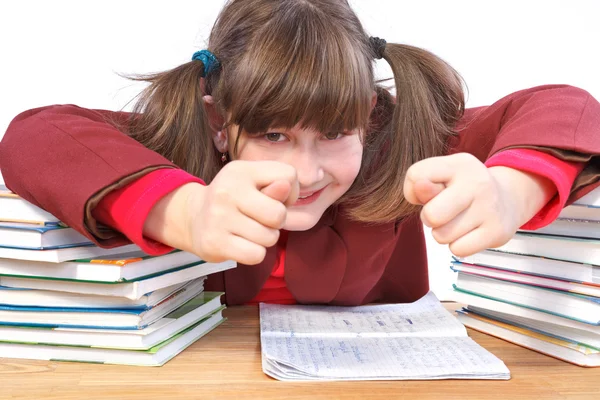 Schulmädchen, Schularbeiten und Bücherstapel — Stockfoto