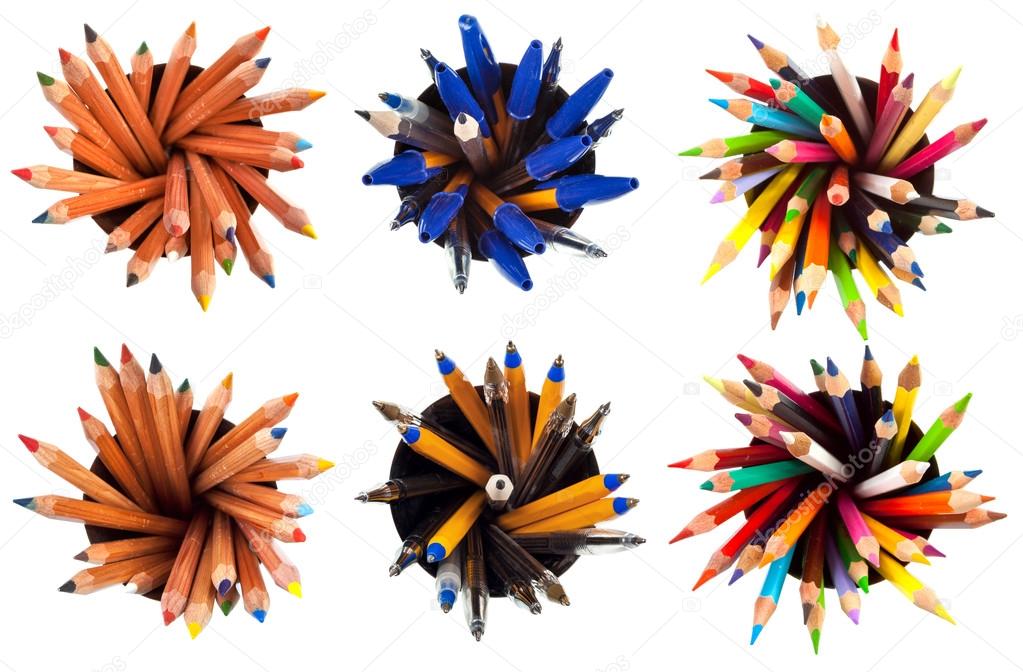 set of top view pens and pencils