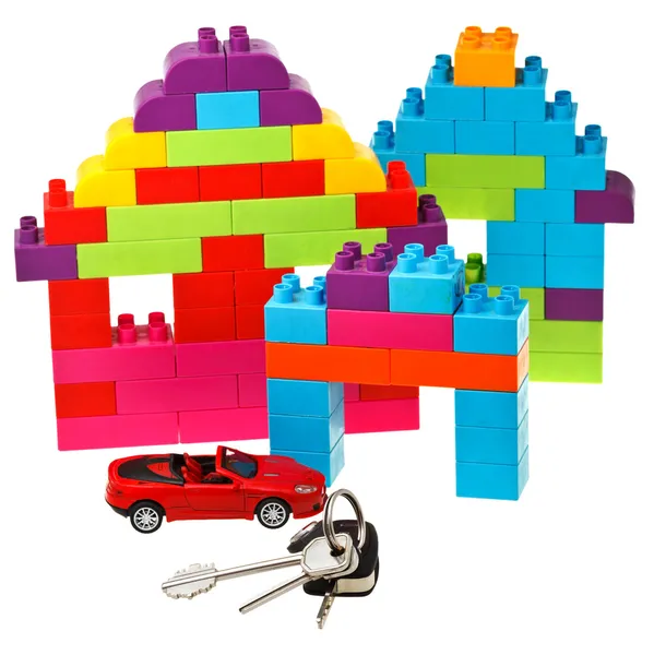 Keys, model car, plastic block house — Stock Photo, Image