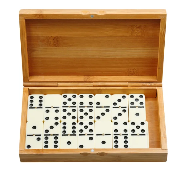 Conjunto de dominós em caixa de madeira — Fotografia de Stock