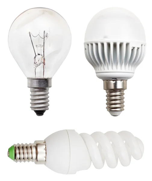 Incandescente, fluorescente elicoidale, lampadine a LED — Foto Stock
