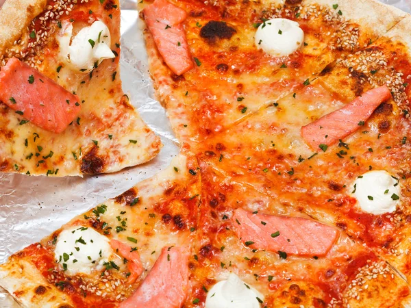 Piece of italian pizza with salmon fish — Stock Photo, Image