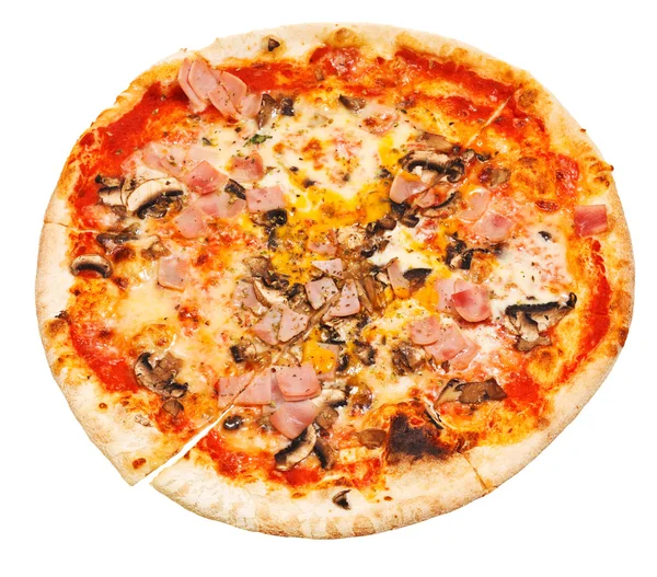 Top view of thin pizza with mushrooms and ham — Stock Photo, Image