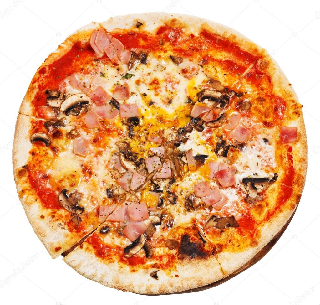 top view of italian pizza with mushrooms and ham