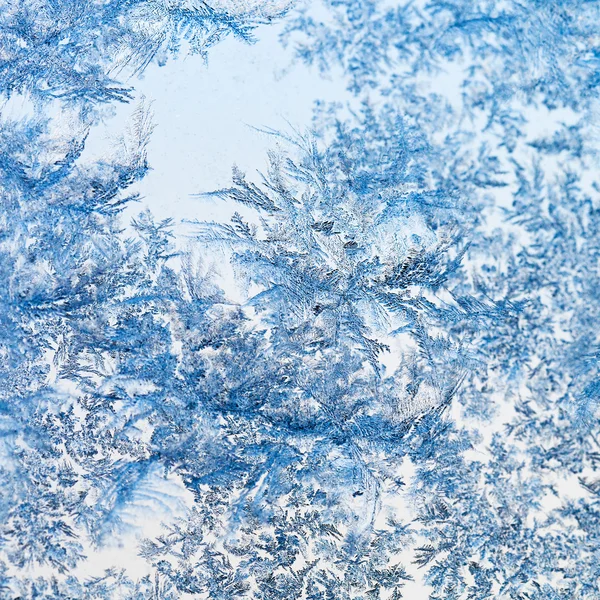 Flocos de neve e padrão de geada em vidro de perto — Fotografia de Stock