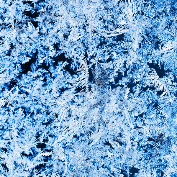 Snowflakes and frost pattern on glass close up — Stock Photo, Image