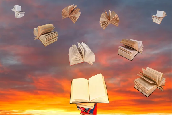 Книга над стопкой книг и закатное небо — стоковое фото