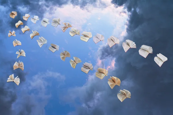 Flying books in evening sky — Stock Photo, Image
