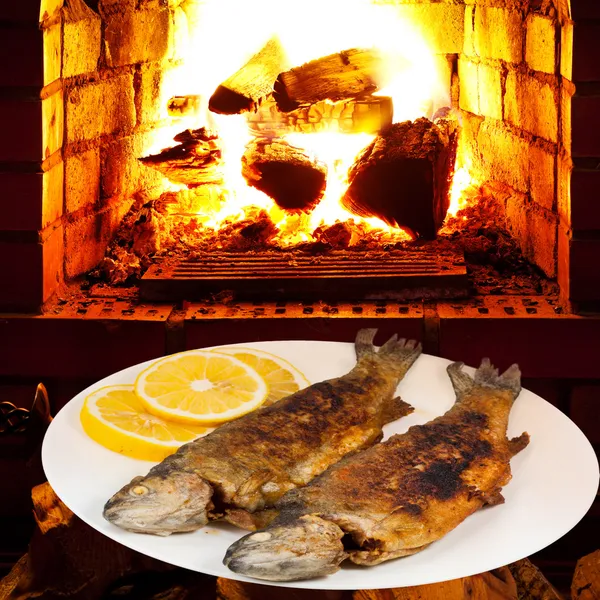 Жареная речная форель на тарелке и огонь в духовке — стоковое фото