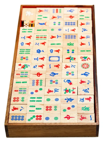 Above view of wood mahjong game tiles in box — Stock Photo, Image