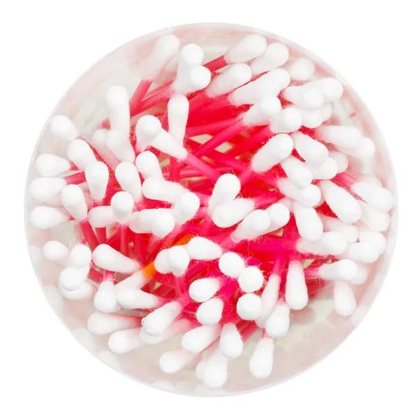 Top view of many pink cotton swabs in container — Stock Photo, Image