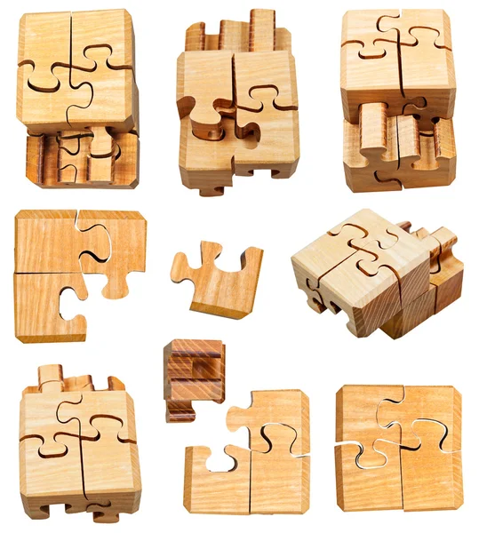 Set of three dimensional wooden mechanical puzzle — Stock Photo, Image