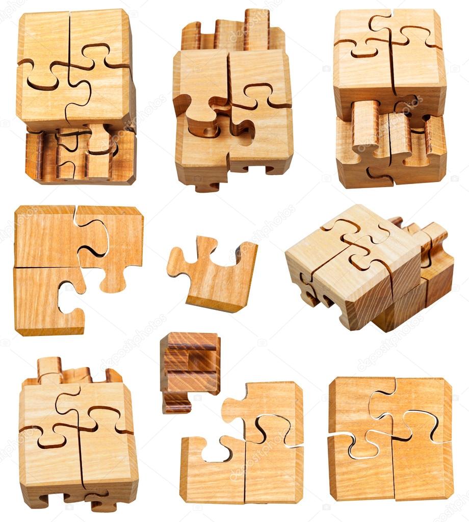 set of three dimensional wooden mechanical puzzle