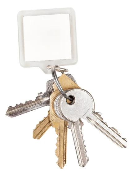 Bunch of door keys on ring and keychain — Stock Photo, Image