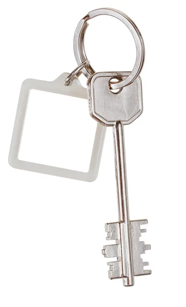 Big double-sided key and square keychain on ring — Stock Photo, Image