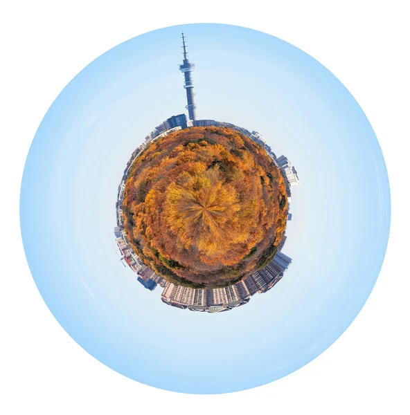 Little planet with yellow autumn forest and houses — Stock Photo, Image