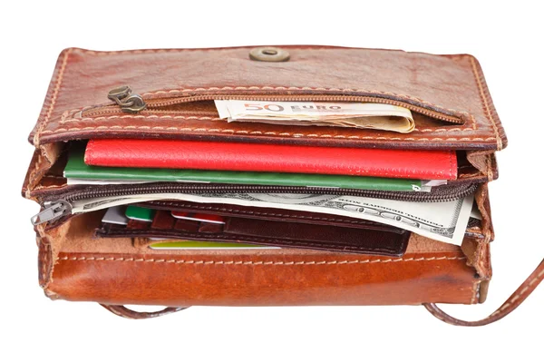 Cash, credit cards, documents in female handbag — Stock Photo, Image