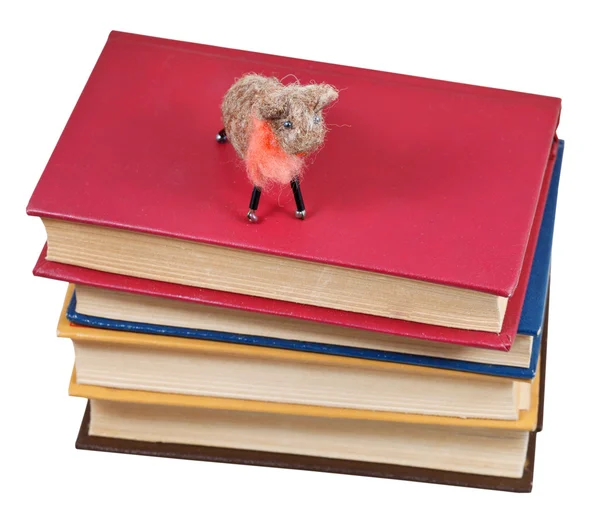 Bovenaanzicht van voelde zacht stuk speelgoed schapen op boeken — Stockfoto