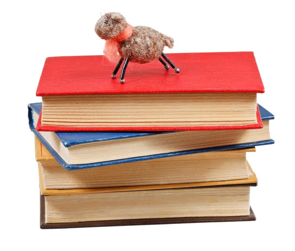 Merasa lembut mainan domba di tumpukan buku — Stok Foto