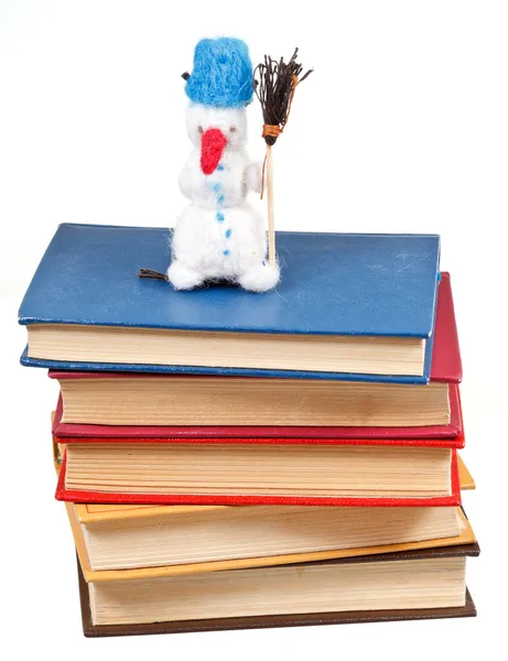 Sentiu boneco de neve brinquedo macio na pilha de livros — Fotografia de Stock