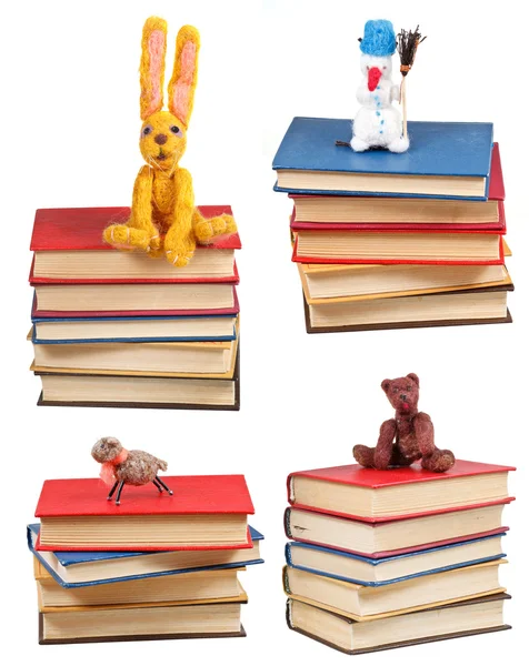 Jogo de brinquedos suaves sentidos na pilha de livros — Fotografia de Stock