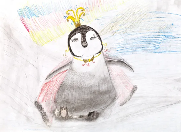 Children drawing - penguin with crown — Stock Photo, Image