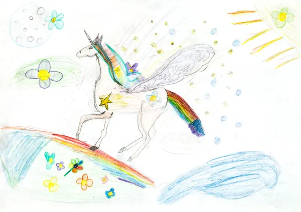 Children drawing - fairytale unicorn — Stock Photo, Image