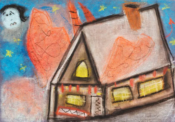 Children drawing - country house in night — Stock Photo, Image