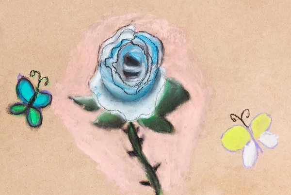 Children drawing - blue rose and two butterflies — Stock Photo, Image