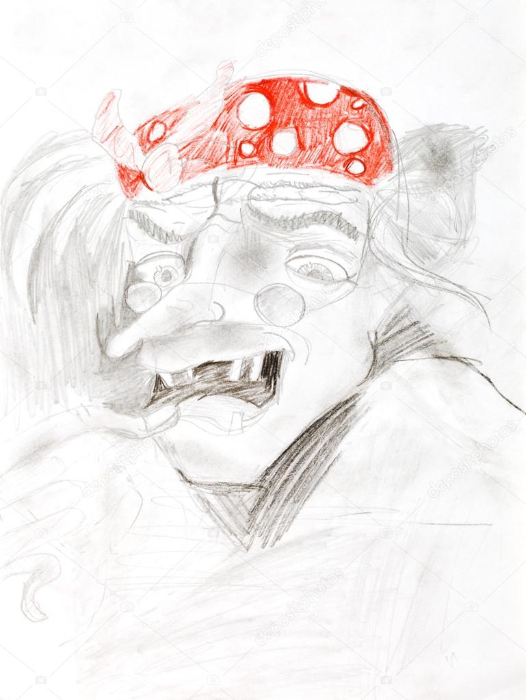 children drawing - old woman in red hat