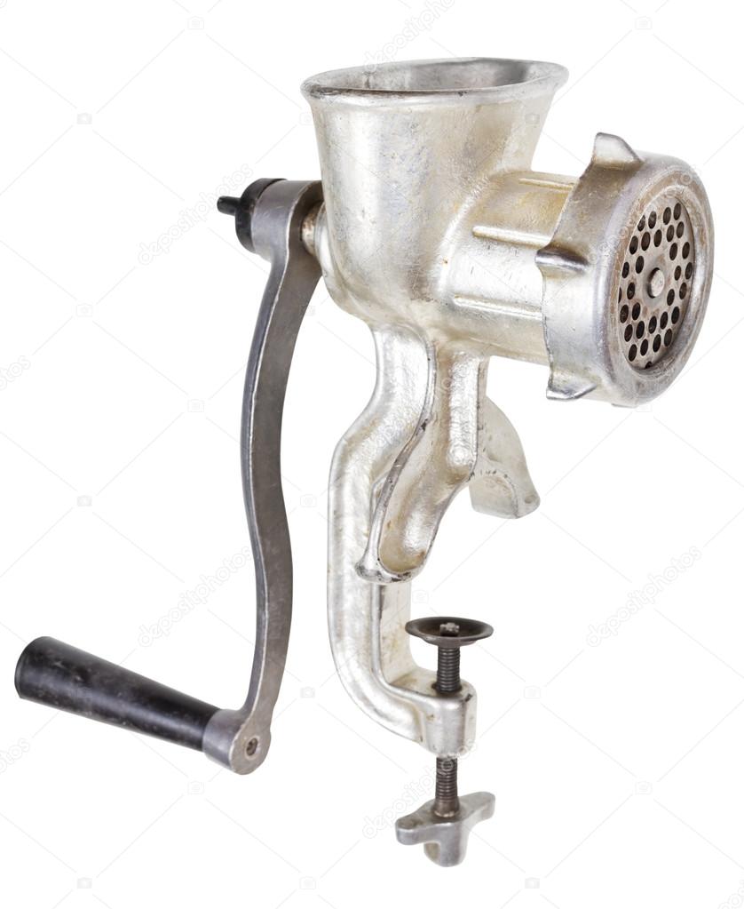 Old iron meat grinder isolated on white — Stock Photo © vvoennyy