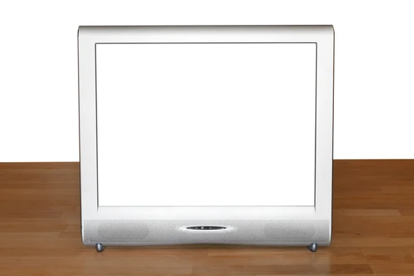 Silver TV set display with cutout screen on table — Stock Photo, Image
