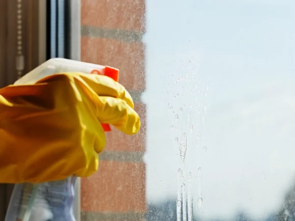 Detergent jet from spray bottle on window glass — Stock Photo, Image