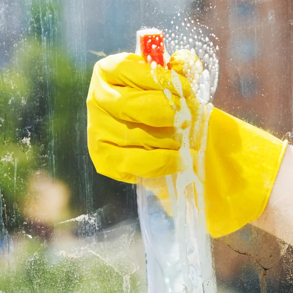 Washing window from spray bottle — Stock Photo, Image