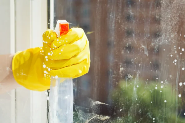 Cleaning window glass from spray bottle — Stock Photo, Image