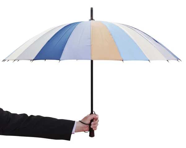 Male hand hold open multicolored umbrella — Stock Photo, Image