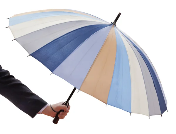 Mano dell'uomo con ombrello multicolore aperto — Foto Stock