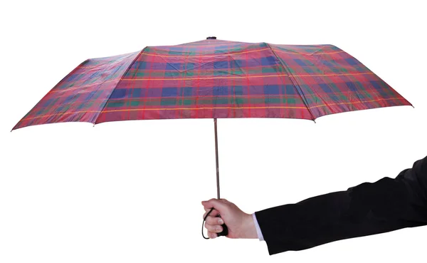 Männliche Hand mit aufgeklapptem karierten Regenschirm — Stockfoto
