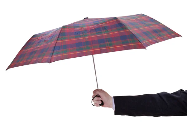 Man holdind open geruite paraplu — Stockfoto