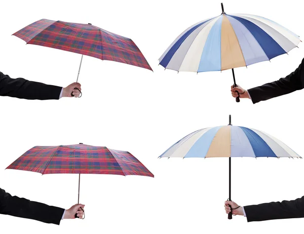 Aantal mannelijke handen met open telescopische parasols — Stockfoto