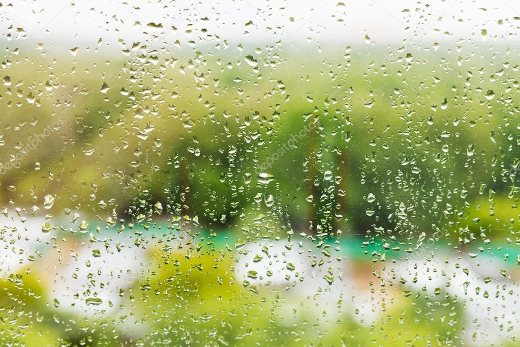 rain drops on window glass in summer day