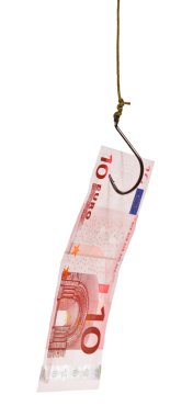 10 euro banknot ile balıkçılık cazibesine kanca üzerinde