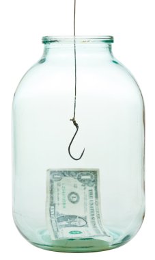 bir dolarlık banknot altındaki jar ve kanca